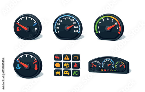 Isometric Car Dashboard Icons. Car Dashboard. Isometric flat vector icons set of Car Dashboard: fuel gauge dial, speedometer dial, tachometer dial, temperature