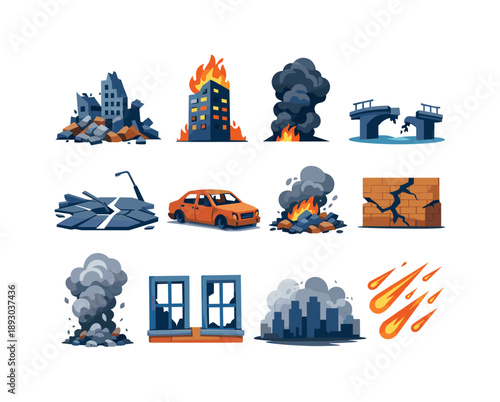 Colorful Apocalyptic Icons. Apocalyptic cityscape. Colorful flat vector icons set of apocalyptic cityscape: collapsing ruins, burning tower, drifting black