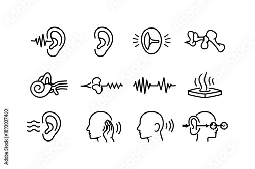Hearing Process Icons. Hearing and Sound Waves. Line icon set of Hearing and Sound Waves: sound waves entering ear, outer ear capture, eardrum vibration,