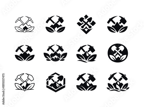 Sustainable Mining Icons. Mining operations and sustainable mining practices. Icon set. Set Logo of Mining operations and sustainable mining practices: mining