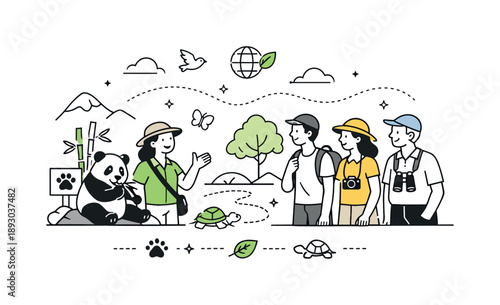 Eco-Tourism Adventure. Eco-tourism and conservation travel. Visitors learning about endangered species from a local guide, combining travel with environmental