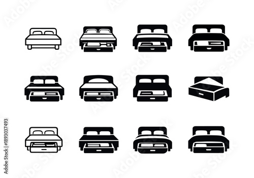 Under-Bed Storage Icons. Using under-bed storage for extra clothes or bedding. Icon set. Set Logo of Using under-bed storage for extra clothes or bedding: bed