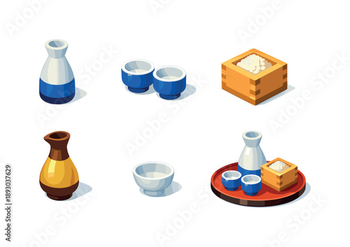 Sake Set Icons. Sake Set. Isometric flat vector icons set of Sake Set: serving sake bottle, paired cups, wooden masu box, elegant flask, small porcelain cup,