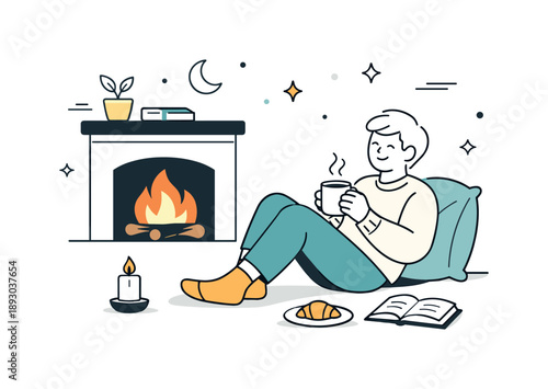 Cozy Fireplace Serenity. Cozy fireplace moment. A relaxed character sitting comfortably by the fire with a calm posture. Feeling of warmth, comfort, and slow