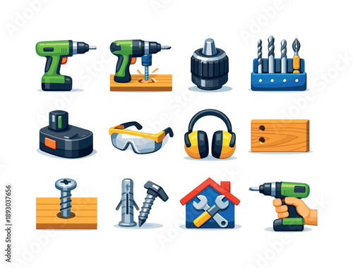 Colorful DIY Drilling Icons. DIY drilling. Colorful flat vector icons set of DIY drilling: home drill, drilling wood, drill chuck, bit set, charged battery,
