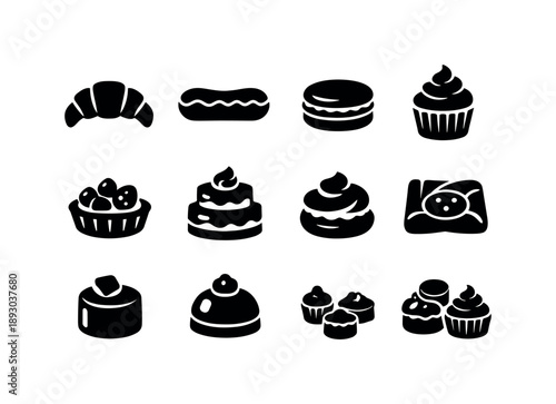 Pastry Icons Grid. Pastry desserts. Solid icon set of Pastry desserts: croissant, eclair, macaron, cupcake, tart, layered cake, cream puff, fruit pastry,