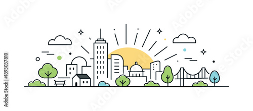 Spring City Silhouette. Minimal spring city silhouette. Flat urban horizon with rounded building shapes, subtle sun rays and abstract dots creating a fresh