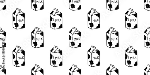 Vector seamless pattern with hand drawn milk carton on white background. Cute black and white dairy packaging wallpaper for cafe branding, breakfast textile, wrapping paper, grocery, kitchen design.