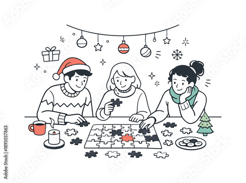 Holiday Puzzle Gathering. Friends doing holiday puzzle cozy home. Puzzle pieces spread neatly on a table with simple seasonal decor, warm indoor setting and