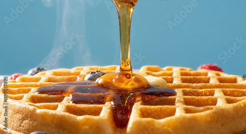 Wallpaper Mural Pouring maple syrup on hot steaming waffle with berries on blue background Torontodigital.ca