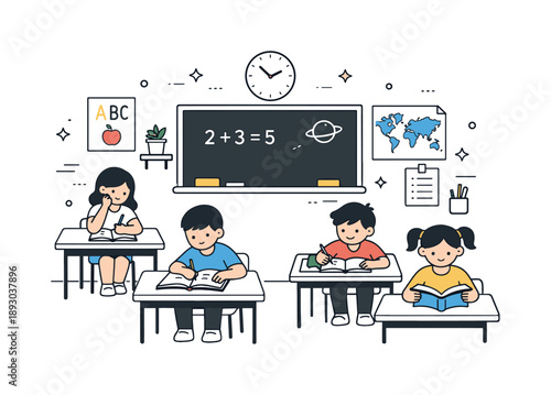 Serene Classroom Illustration. Classroom learning environment. Desks, chalkboard, posters, and students engaged in quiet study. Warm, organized school setting