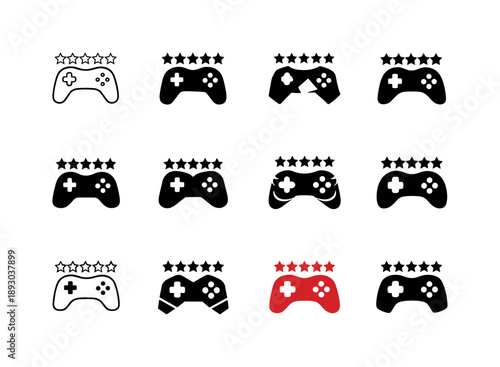 Game Review Icons. Game reviews. Icon set. Set Logo of Game reviews: controller rating. harmonious logo variations of the same emblematic concept, each with