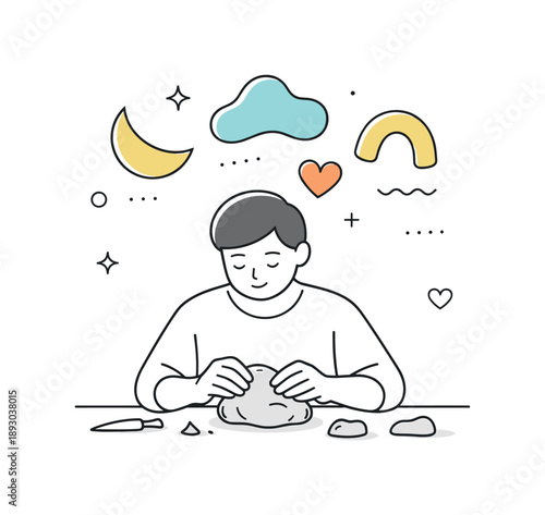 Mindful Clay Sculpting. Mindful sculpture therapy. A person shaping clay or modeling material with gentle abstract shapes above. Calm focus, tactile