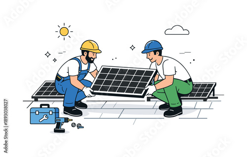 Solar Panel Installation. Solar panel installation teamwork. Two installers lifting and aligning panels together, friendly collaboration and focus. Clear