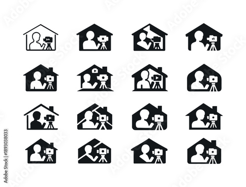 Vlog Icon Variations. Recording a vlog at home. Icon set. Set Logo of Recording a vlog at home: person speaking in front of camera. harmonious logo variations