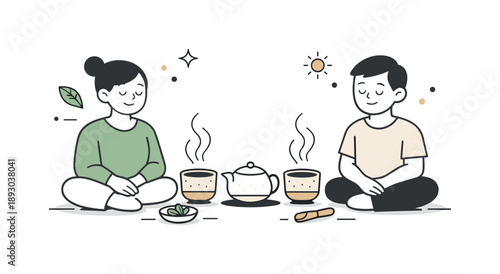 Serene Tea Ritual. Ceramic tea ritual. Stoneware tea cups with gentle steam rising, suggesting warmth, slow living, and a peaceful daily moment. Minimalist