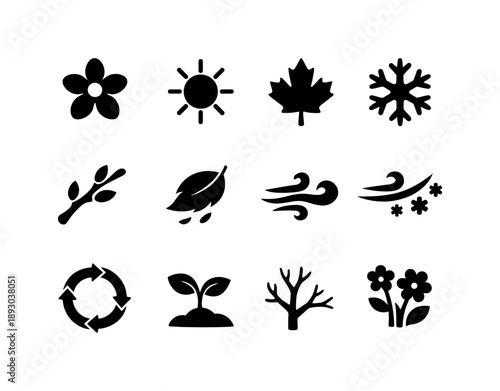 Seasonal Icon Set. Seasonal changes. Solid icon set of seasonal changes: spring flower, summer sun, autumn leaf, winter snowflake, budding branch, falling