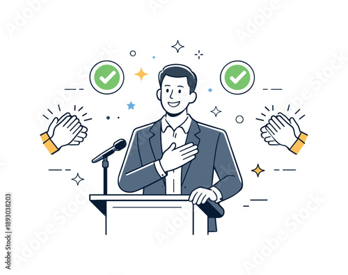 Public Speaking Triumph. Public speaking success. Speaker receiving positive feedback with applause icons and checkmarks. Sense of achievement and confidence