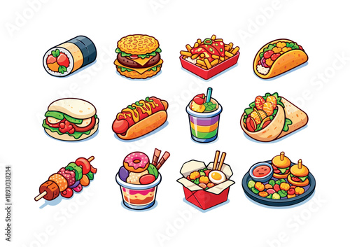 Fusion Street Food Icons. Fusion street food. Colorful isometric vector icons set of fusion street food: sushi burrito, ramen burger, kimchi fries, curry taco,