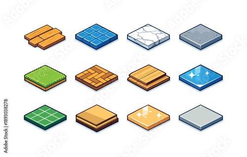 Isometric Floor Icons. Floor. Colorful isometric vector icons set of floor: wooden floor planks, tiled floor, marble floor slab, concrete floor, carpet