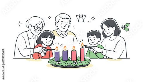 Advent Candle Lighting. People lighting Advent candles tradition. Older and younger family members sharing the ritual. Continuity, care, and meaningful