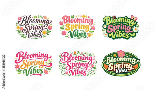 Spring Lettering Variations. Blooming Spring Vibes. Set lettering. harmonious lettering variations of the same emblematic concept, each with different artistic
