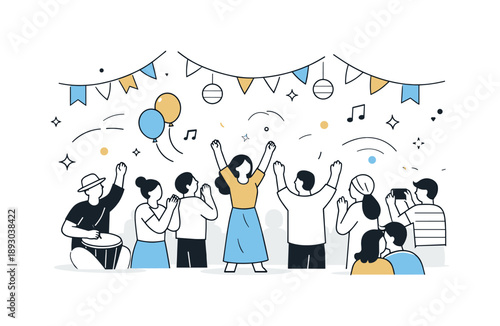 Festival of Joy. Celebration crowd. A minimal scene showing people gathered at a festival, with flags, lights, and abstract shapes floating softly. The