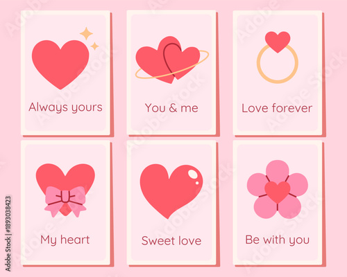 Minimalist Valentine greeting card set with cute hearts, romantic icons and short love phrases in soft pink palette. Perfect for posters, invitations, social media, prints and holiday design.