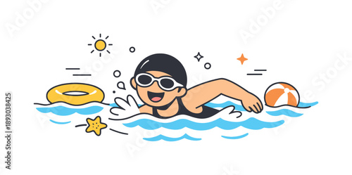 Joyful Sea Swim. Summer sea swim. A friendly character swimming near the surface of the sea with small waves and floating water elements. The scene feels warm,