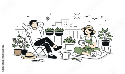 Balcony Garden Serenity. Balcony gardening people. A relaxed scene of people sitting among lush balcony plants after gardening, enjoying fresh air, growth, and