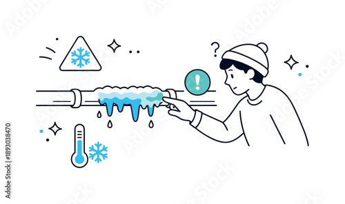 Frozen Pipe Alert. Frozen pipe awareness. A calm scene showing a person noticing ice forming on a pipe, early detection and alertness, warning icons kept