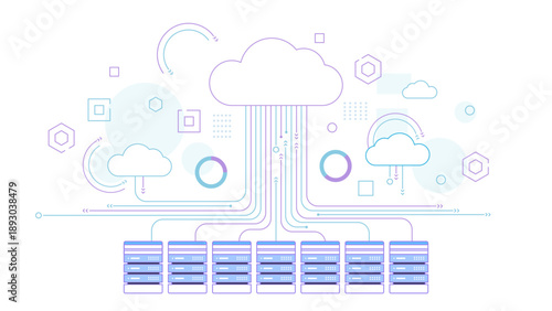 Cloud computing Data storage architecture with central cloud connected to multiple servers and smaller clouds, symbolizing data storage, backup, network infrastructure. Flat line vector illustration