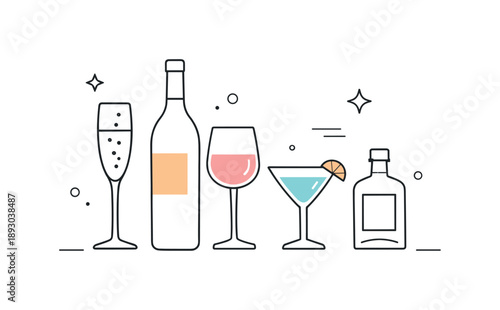 Minimal Beverages Art. Minimal alcoholic beverages illustration. Simple arrangement of bottles and glasses with subtle abstract accents like stars and motion