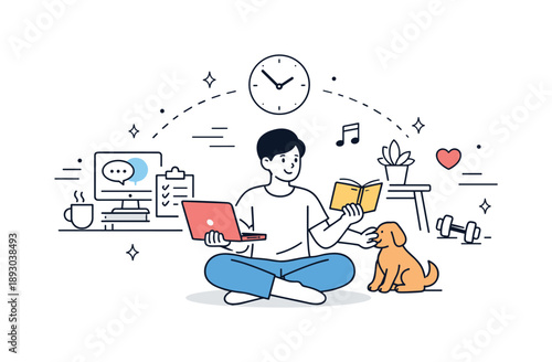 Balancing Work and Life. Work-life balance at home. A person switching between work tasks and personal life, with subtle icons like a clock and coffee cup. The