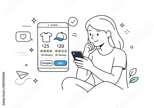 Mobile Shopping Experience. Mobile retail experience. A user comparing items and reviews on a phone screen, thoughtful and relaxed shopping moment. Clean