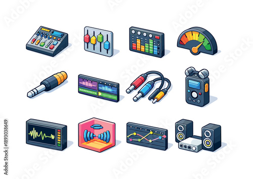 Colorful Sound Engineering Icons. Sound engineering. Colorful isometric vector icons set of Sound engineering: audio mixer, fader sliders, EQ settings panel,