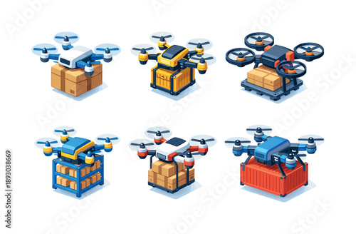 Colorful Cargo Drones. Cargo drones. Isometric flat vector icons set of Cargo drones: large package drone, industrial delivery drone, heavy-load quadcopter,