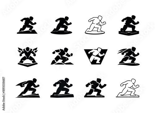 Comic Emblem Variations. Comic figurines. Icon set. Set Logo of Comic figurines: action pose figurine. harmonious logo variations of the same emblematic