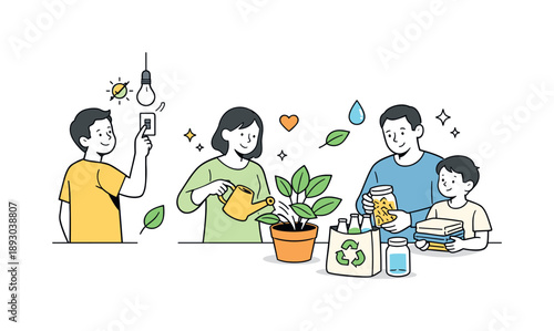 Sustainable Home Practices. Eco habits at home. People turning off lights, watering plants, and reusing household items, clean interior scene with a warm