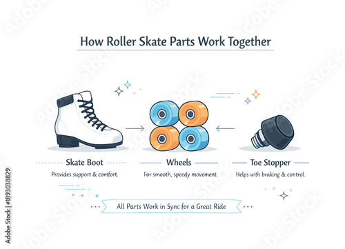 Roller Skate Anatomy. Roller skate components. Skate boot, wheels, and stopper shown together, explaining how parts work in harmony. Educational and calm