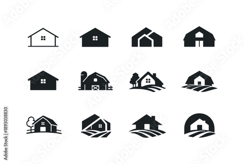 Rustic Logo Variations. Rustic home decor and farmhouse style. Icon set. Set Logo of Rustic home decor and farmhouse style: wooden house silhouette with