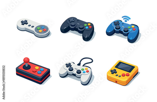 Game Controllers Collection. Game controller. Isometric flat vector icons set of game controller: classic game controller, modern console controller, wireless