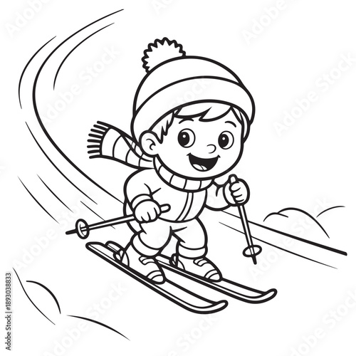 Cartoon line art of young boy skiing down snowy slope wearing winter hat and scarf with happy expression for children coloring book activity and winter sports theme educational materials