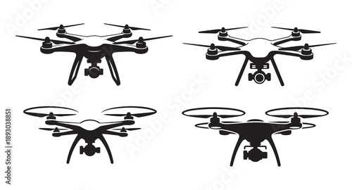 Quadrocopter Drone Collection, Aerial Photography Technology, Isolated on White Background.