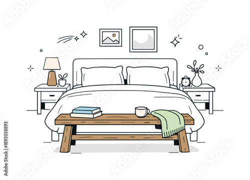 Modern Rustic Bedroom. Rustic furniture in modern bedroom. A wooden bench adds character and function at the foot of the bed, blending traditional