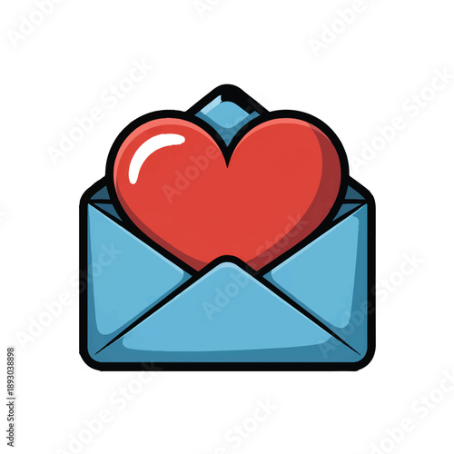 Vibrant red heart icon popping out of a blue envelope symbolizing love passion romance and important heartfelt messages or declarations of affection