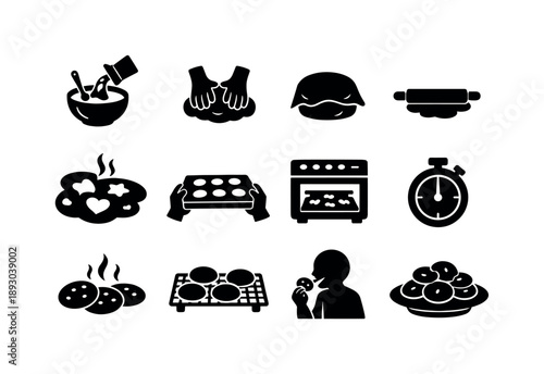 Cookie Baking Icons. Cookie baking process. Solid icon set of Cookie baking process: ingredient mixing, dough kneading, dough resting, dough rolling, cookie