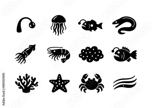 Deep Sea Icons. Deep sea bioluminescence. Solid icon set of Deep sea bioluminescence: anglerfish lure, glowing jellyfish, lanternfish, deep sea eel, luminous