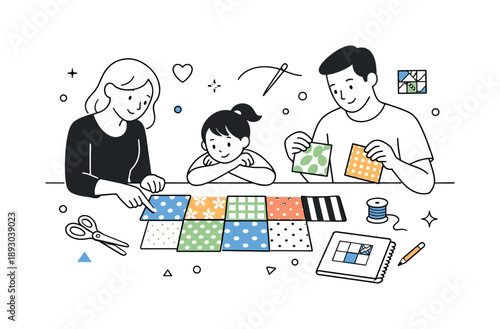 Quilt Pattern Planning. Quilt pattern selection. A person or family arranging and choosing different fabric patterns for a quilt on a table. Calm planning,