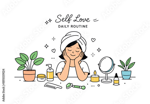 Daily Skincare Ritual. Self love daily routine. A simple scene with skincare items, plants, and a relaxed character enjoying a quiet ritual. Everyday care,
